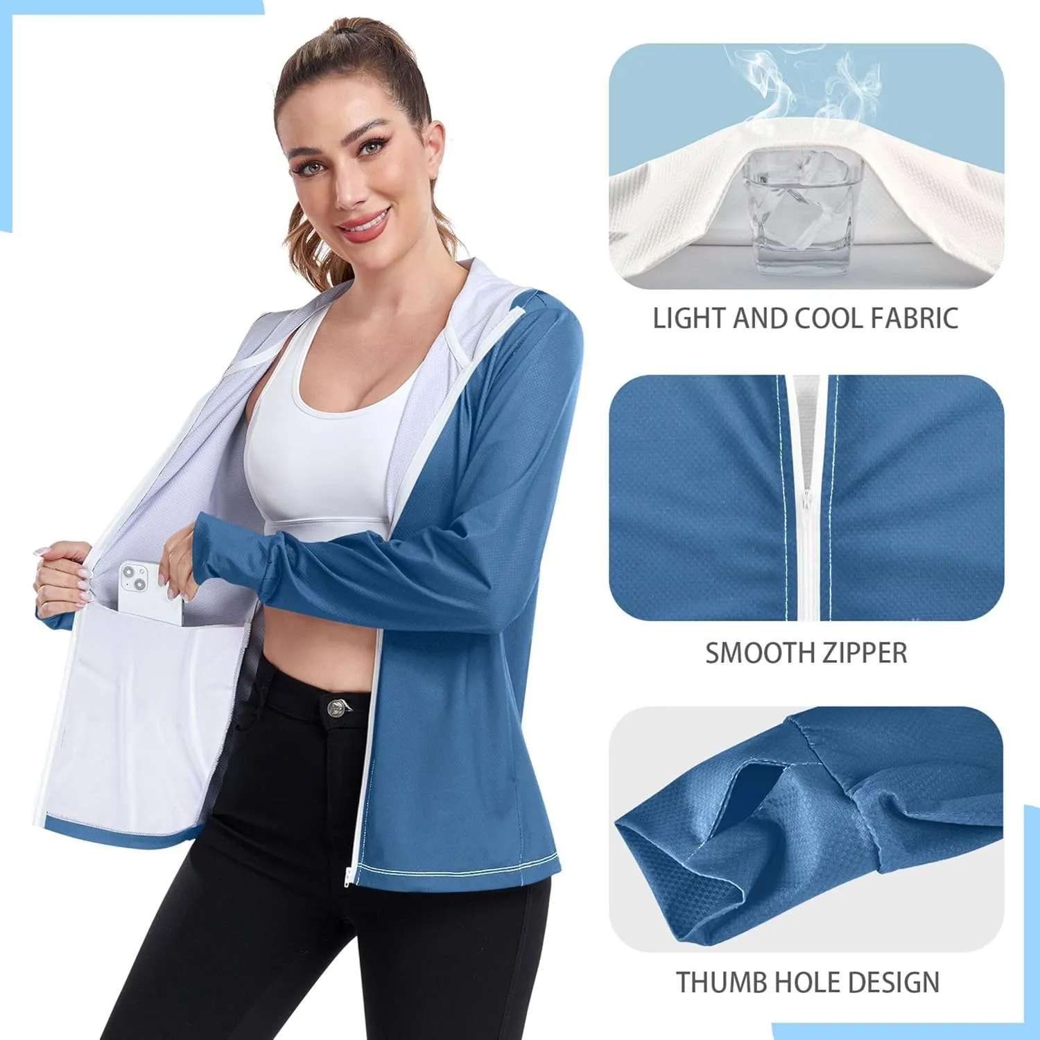 linqin Women Hoodies With Zipper with Thumb Holes Gym Shirts UPF 50  Protection Women Sweatshirt Zip Up Jacket