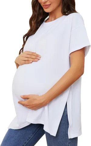 Liu & Qu Womens Maternity Shirts Short Sleeve Split Side Casual Pregnancy Clothes Crewneck Loose Maternity Tops
