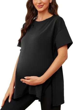 Liu & Qu Womens Maternity Shirts Short Sleeve Split Side Casual Pregnancy Clothes Crewneck Loose Maternity Tops