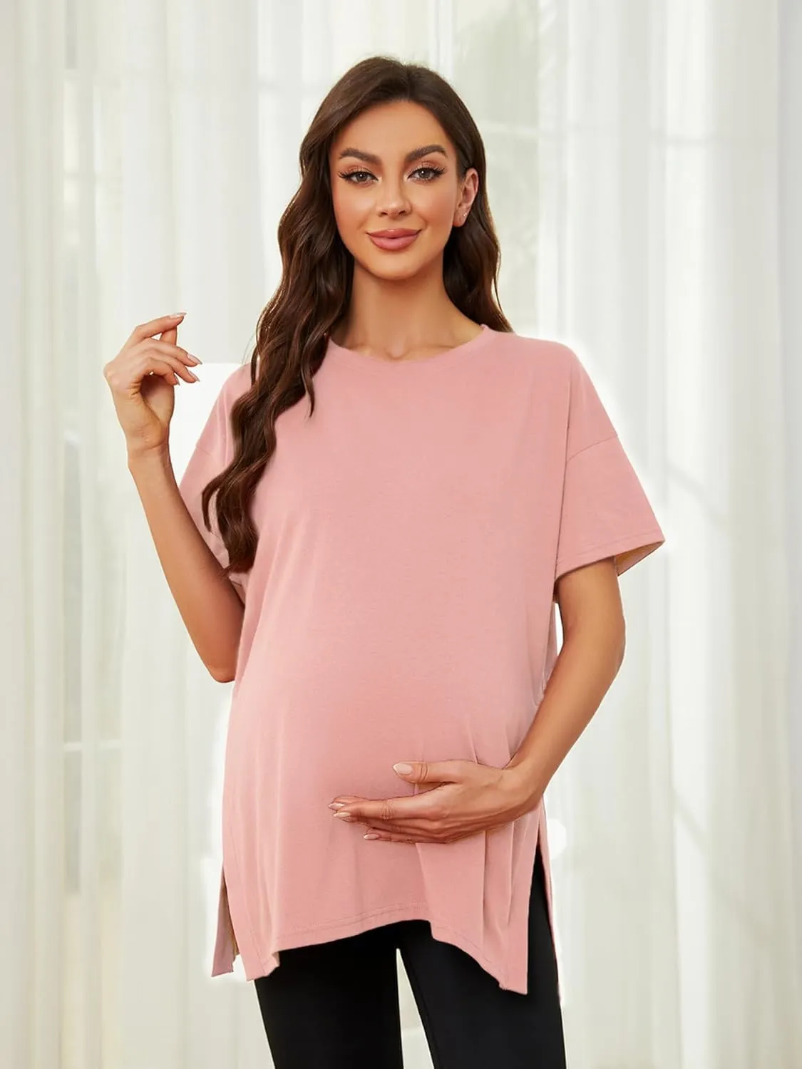 Liu & Qu Womens Maternity Shirts Short Sleeve Split Side Casual Pregnancy Clothes Crewneck Loose Maternity Tops