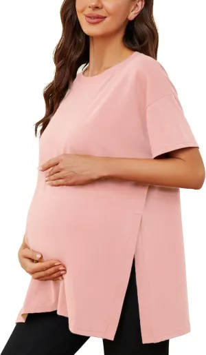 Liu & Qu Womens Maternity Shirts Short Sleeve Split Side Casual Pregnancy Clothes Crewneck Loose Maternity Tops