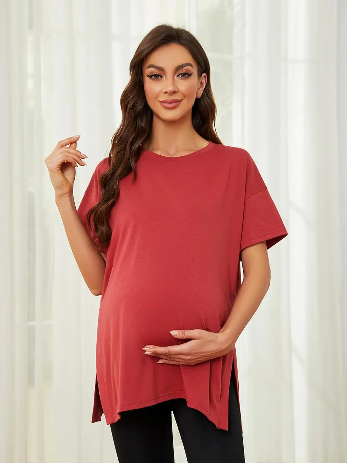 Liu & Qu Womens Maternity Shirts Short Sleeve Split Side Casual Pregnancy Clothes Crewneck Loose Maternity Tops