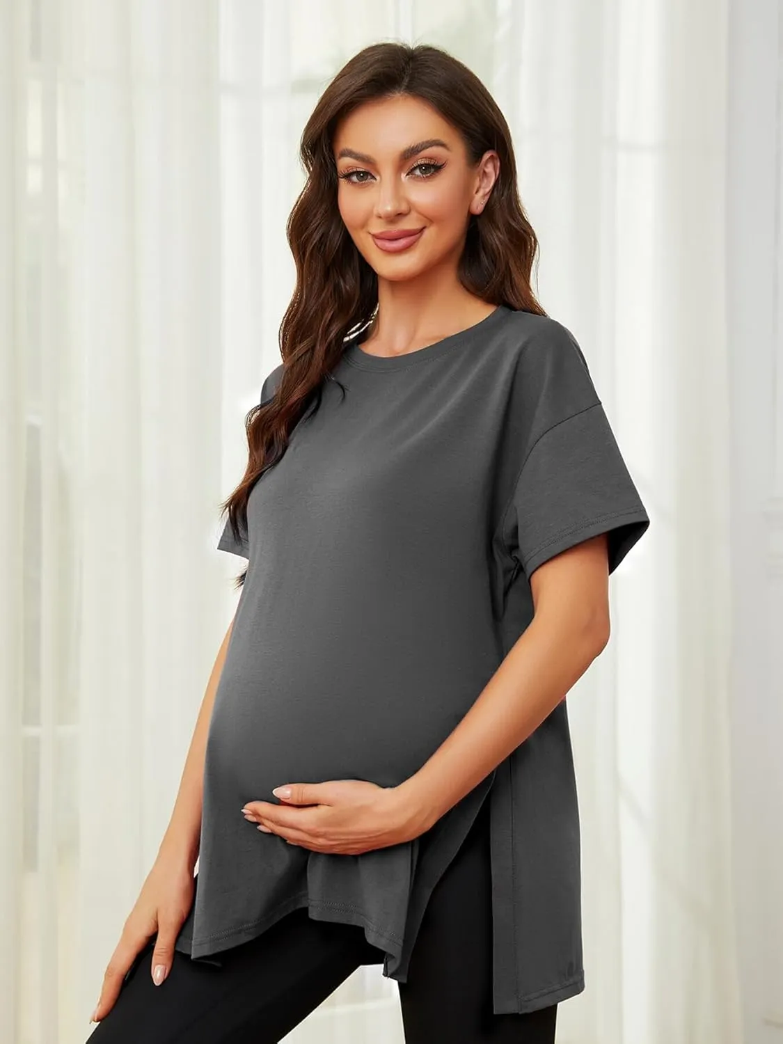 Liu & Qu Womens Maternity Shirts Short Sleeve Split Side Casual Pregnancy Clothes Crewneck Loose Maternity Tops