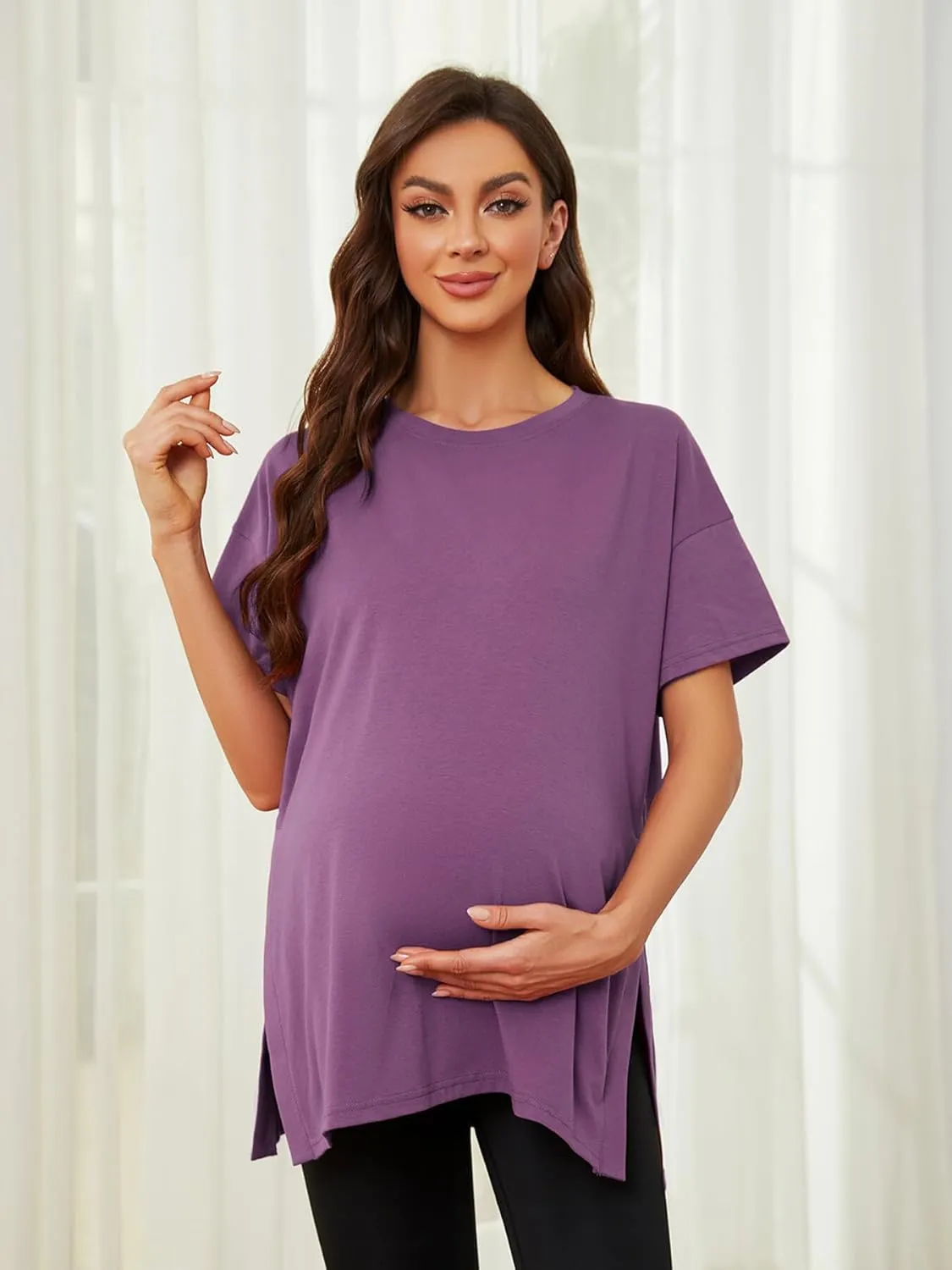 Liu & Qu Womens Maternity Shirts Short Sleeve Split Side Casual Pregnancy Clothes Crewneck Loose Maternity Tops