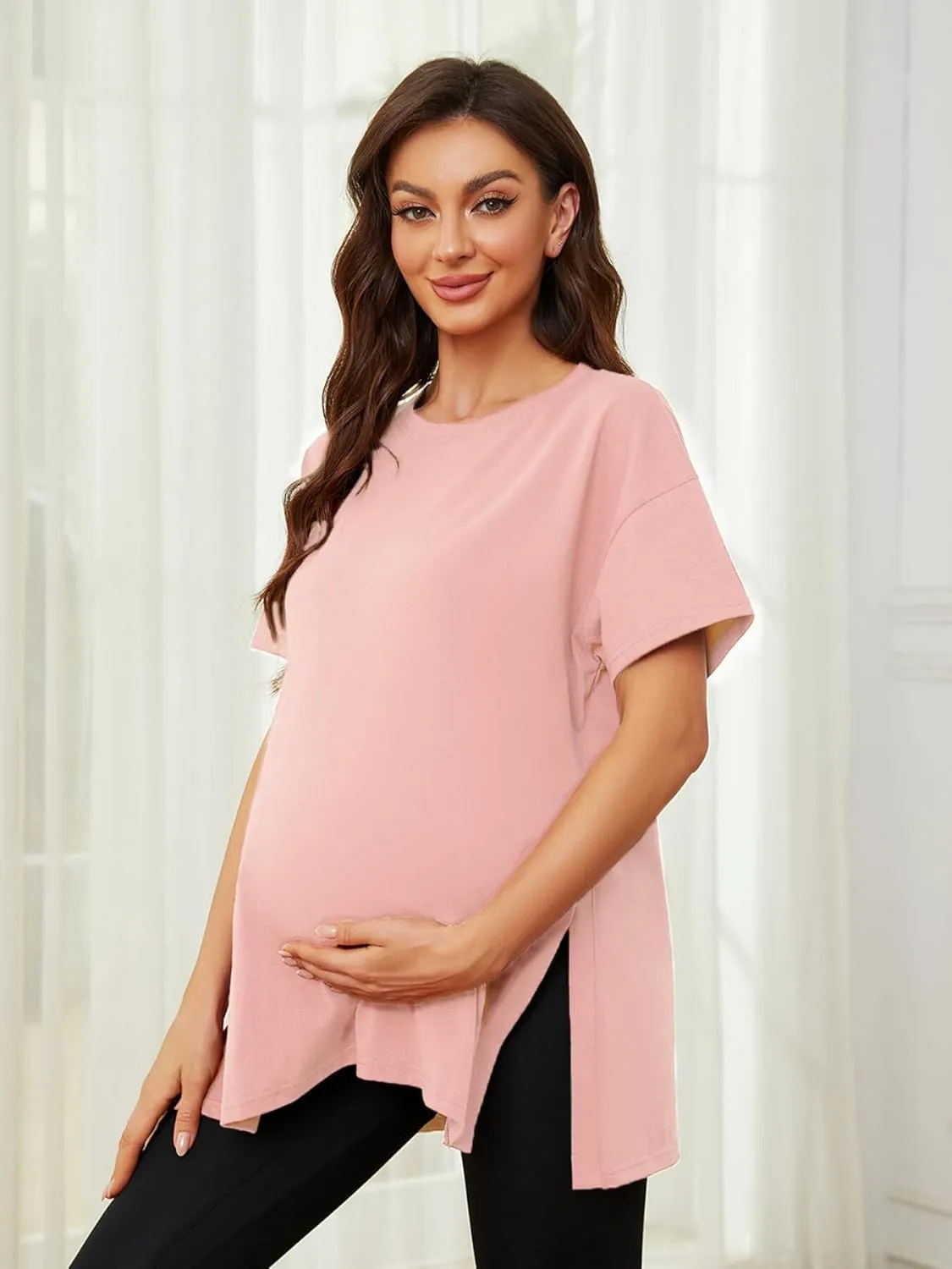 Liu & Qu Womens Maternity Shirts Short Sleeve Split Side Casual Pregnancy Clothes Crewneck Loose Maternity Tops