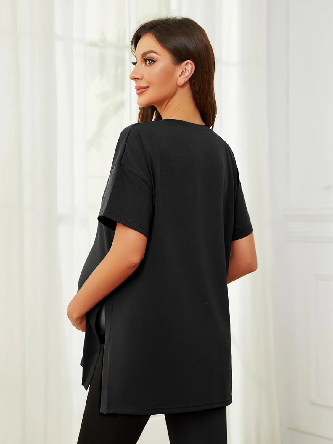 Liu & Qu Womens Maternity Shirts Short Sleeve Split Side Casual Pregnancy Clothes Crewneck Loose Maternity Tops