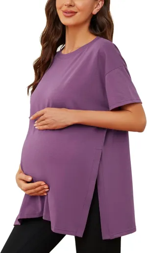 Liu & Qu Womens Maternity Shirts Short Sleeve Split Side Casual Pregnancy Clothes Crewneck Loose Maternity Tops