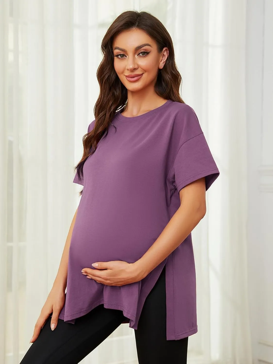 Liu & Qu Womens Maternity Shirts Short Sleeve Split Side Casual Pregnancy Clothes Crewneck Loose Maternity Tops