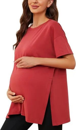 Liu & Qu Womens Maternity Shirts Short Sleeve Split Side Casual Pregnancy Clothes Crewneck Loose Maternity Tops