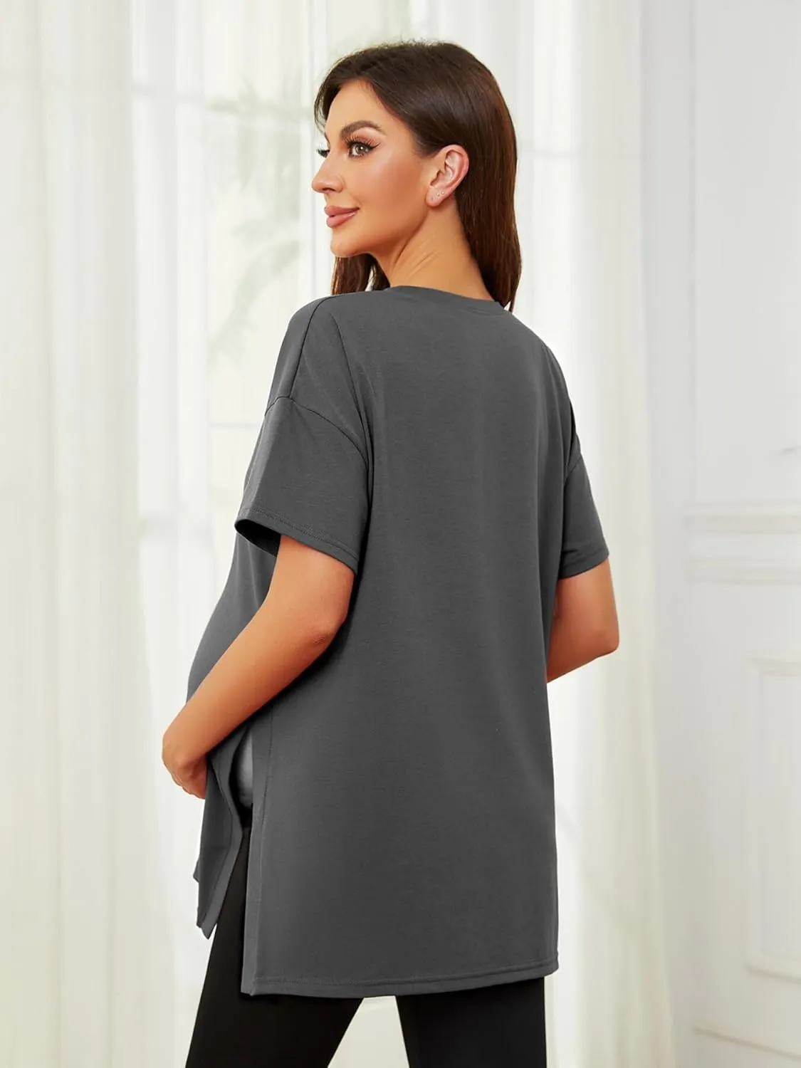 Liu & Qu Womens Maternity Shirts Short Sleeve Split Side Casual Pregnancy Clothes Crewneck Loose Maternity Tops