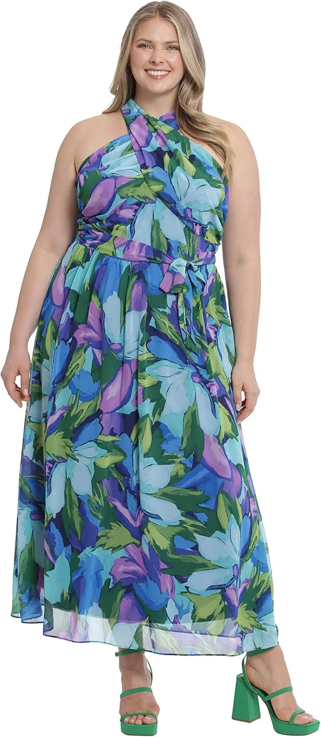 London Times Women's Twist Neck Halter Maxi Dress