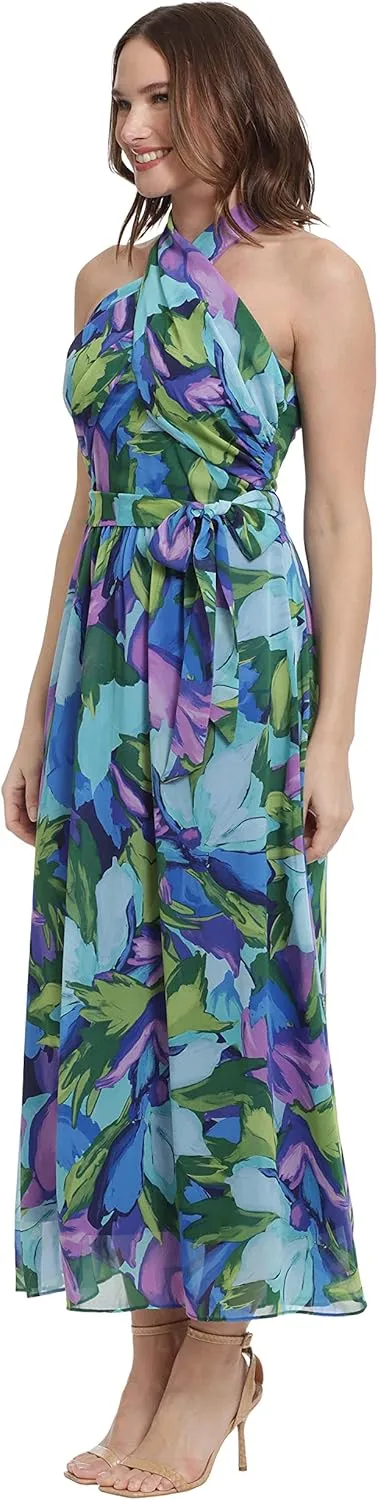 London Times Women's Twist Neck Halter Maxi Dress