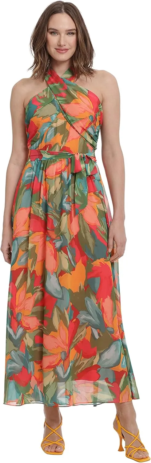 London Times Women's Twist Neck Halter Maxi Dress