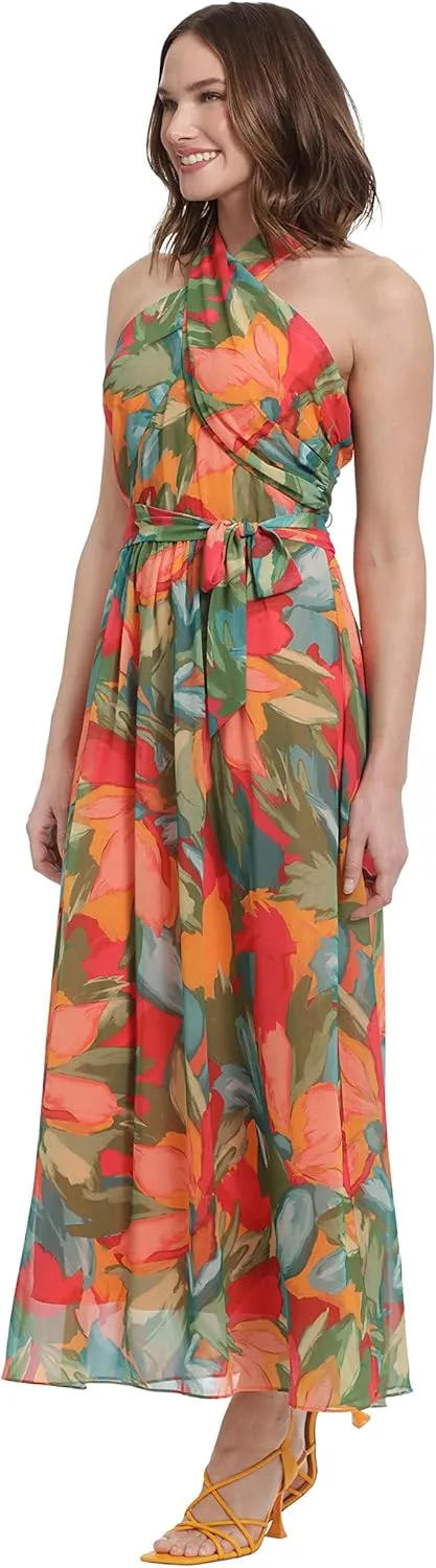London Times Women's Twist Neck Halter Maxi Dress