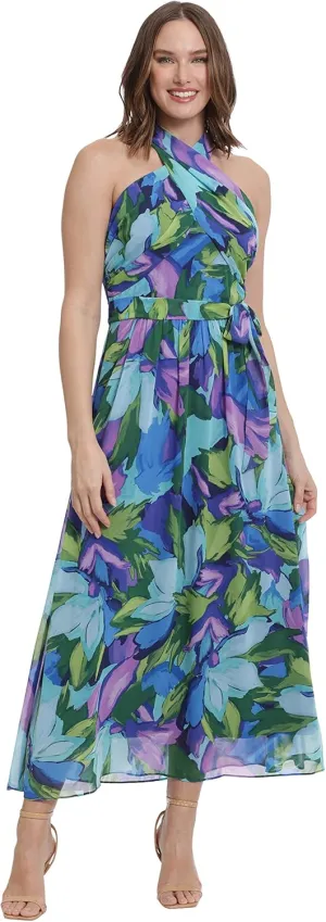 London Times Women's Twist Neck Halter Maxi Dress