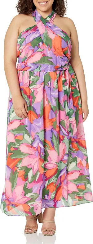 London Times Women's Twist Neck Halter Maxi Dress