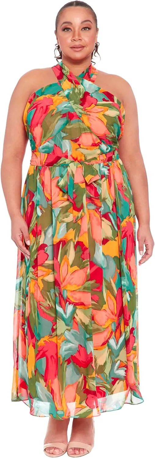 London Times Women's Twist Neck Halter Maxi Dress