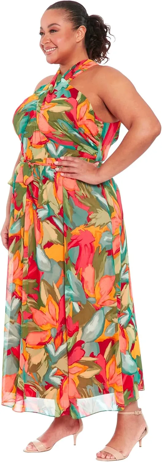 London Times Women's Twist Neck Halter Maxi Dress