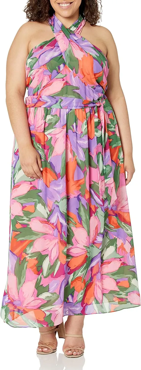 London Times Women's Twist Neck Halter Maxi Dress