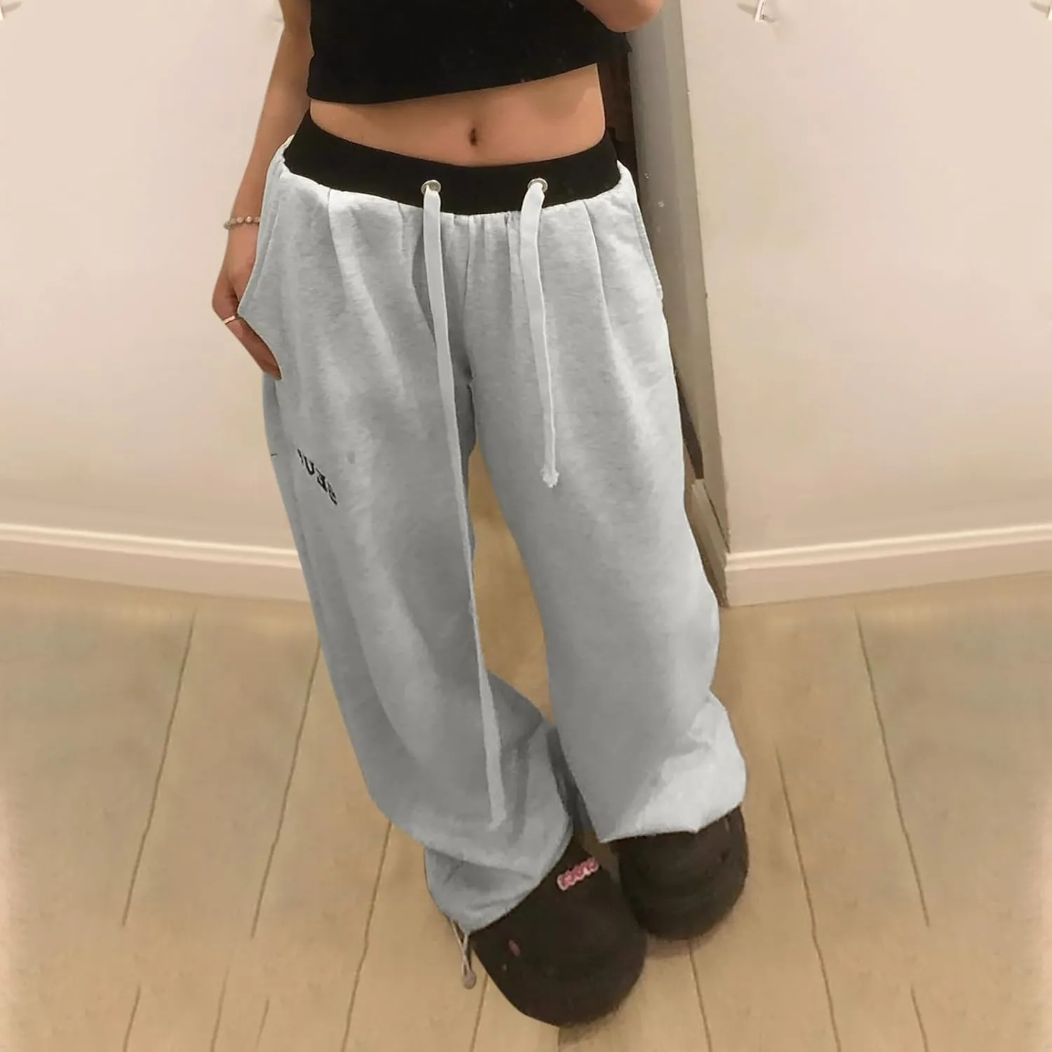 Lounge Pants for Women Elastic Waisted Plus Size Drawstring Trousers Colorblock Straight Leg Sweatpants with Pockets