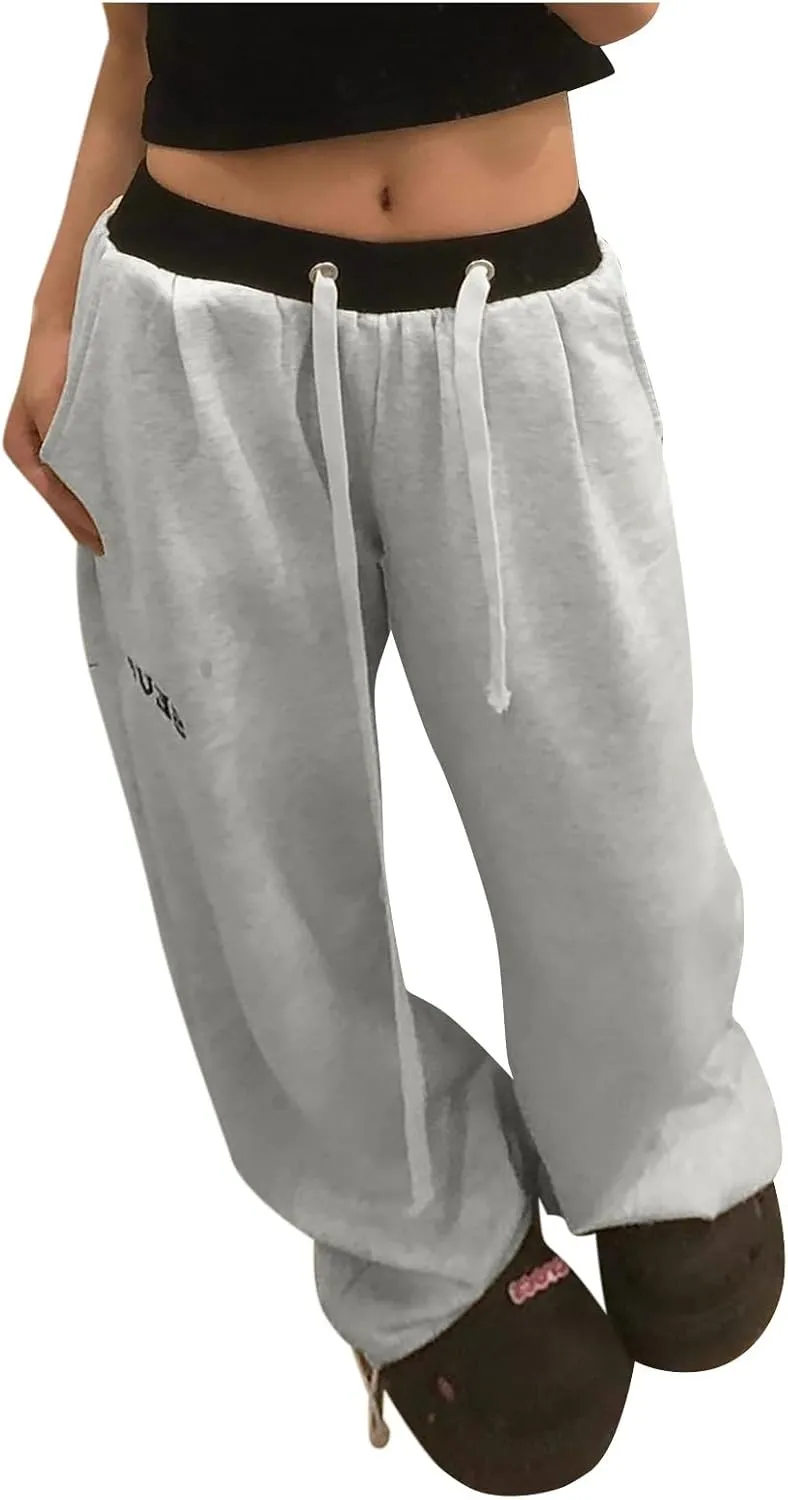 Lounge Pants for Women Elastic Waisted Plus Size Drawstring Trousers Colorblock Straight Leg Sweatpants with Pockets