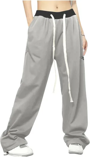 Lounge Pants for Women Elastic Waisted Plus Size Drawstring Trousers Colorblock Straight Leg Sweatpants with Pockets