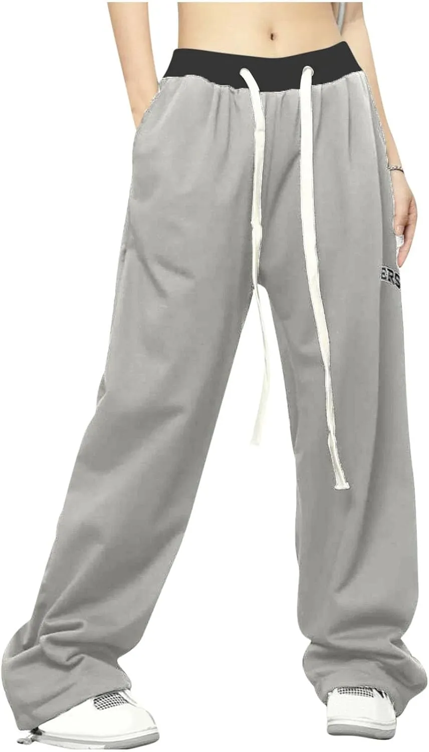 Lounge Pants for Women Elastic Waisted Plus Size Drawstring Trousers Colorblock Straight Leg Sweatpants with Pockets