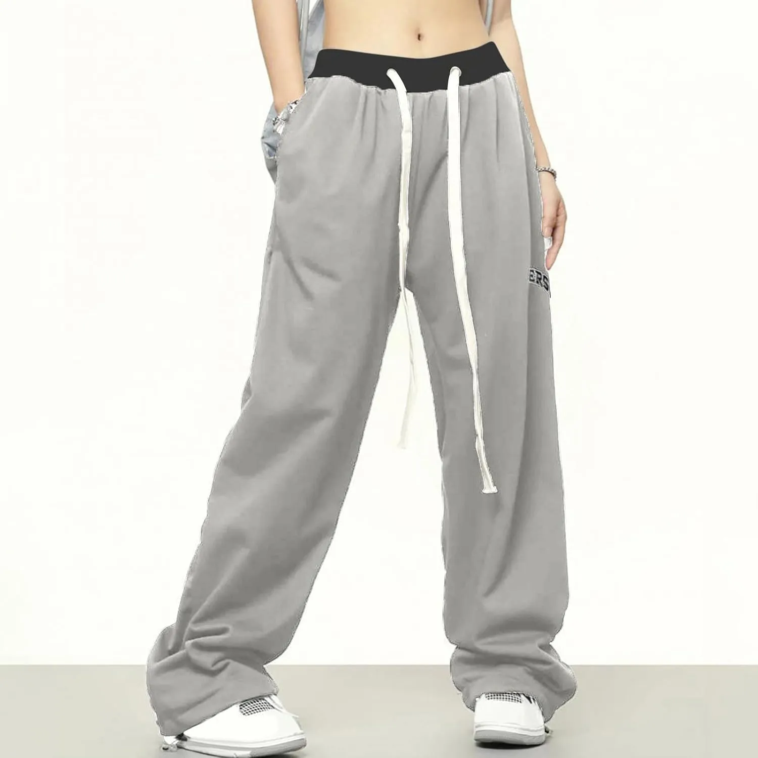 Lounge Pants for Women Elastic Waisted Plus Size Drawstring Trousers Colorblock Straight Leg Sweatpants with Pockets