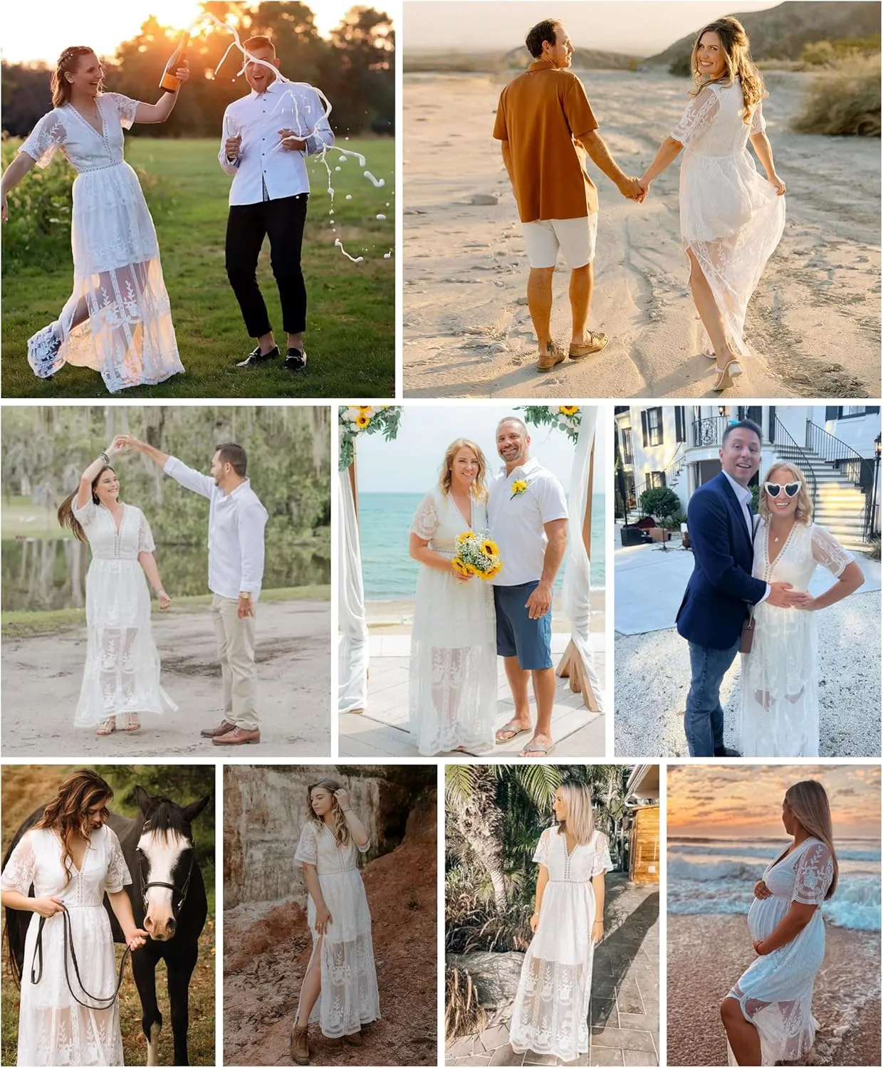 LRISES Womens V Neck Floral Embroidered Lace Wedding Maxi Dress Boho Short Sleeve Slit Bridesmaid Evening Party Dresses