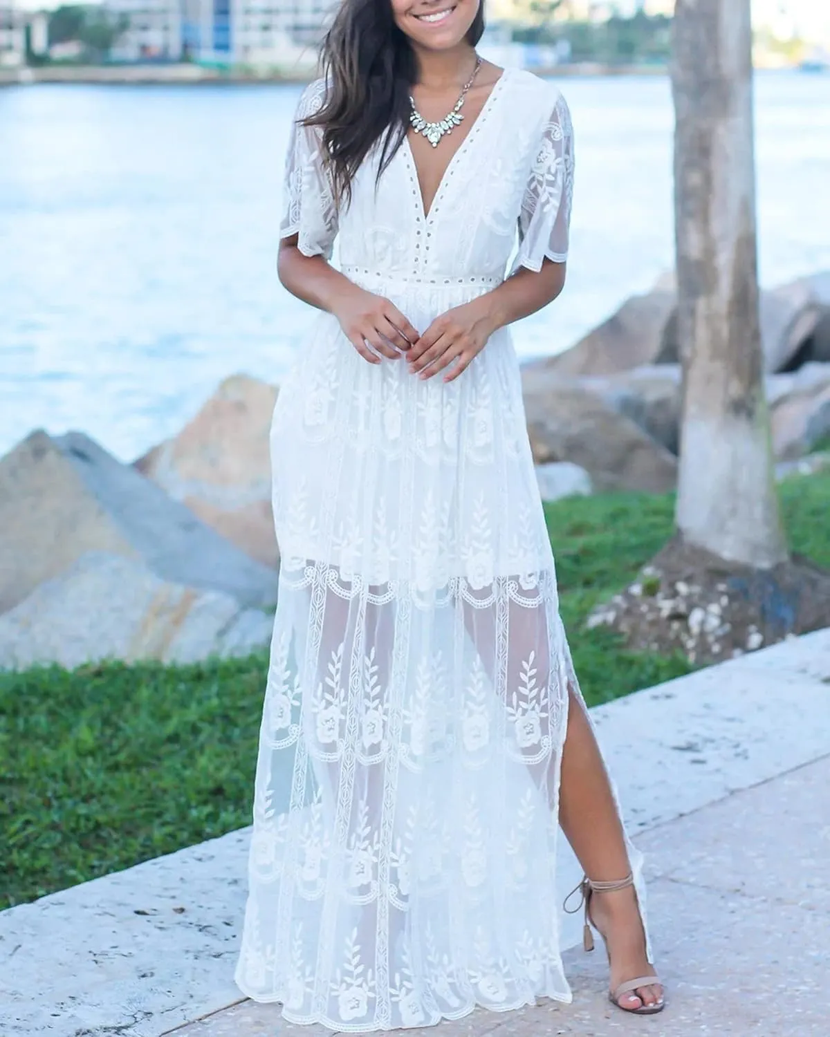 LRISES Womens V Neck Floral Embroidered Lace Wedding Maxi Dress Boho Short Sleeve Slit Bridesmaid Evening Party Dresses
