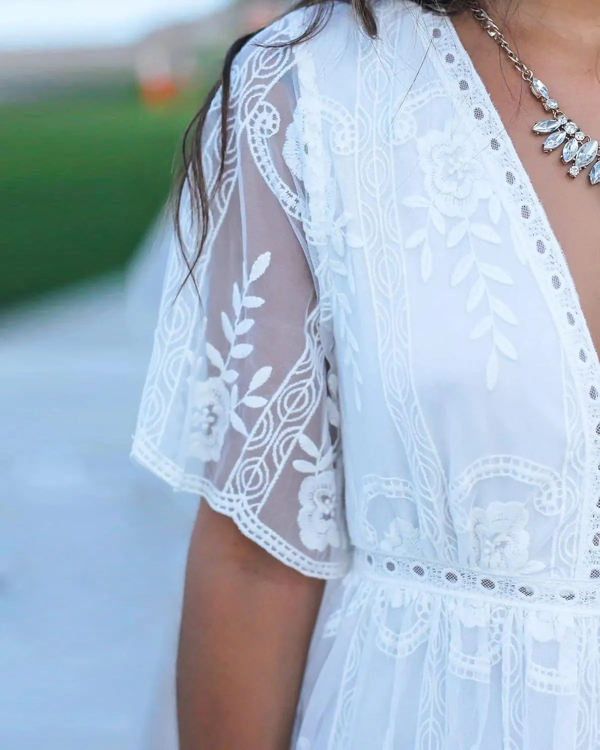LRISES Womens V Neck Floral Embroidered Lace Wedding Maxi Dress Boho Short Sleeve Slit Bridesmaid Evening Party Dresses