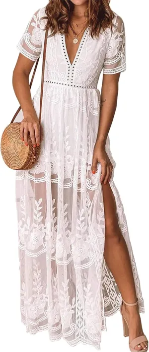 LRISES Womens V Neck Floral Embroidered Lace Wedding Maxi Dress Boho Short Sleeve Slit Bridesmaid Evening Party Dresses