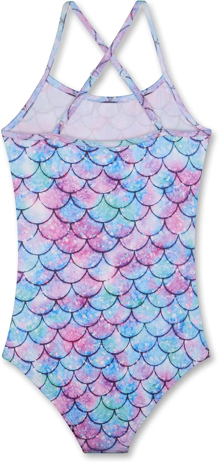 LUOUSE Girls Sparkle Swimsuits Quick Dry Crossback One Piece Beach Swimwear Bathing Suit with Adjustable Strap 4-9 Years