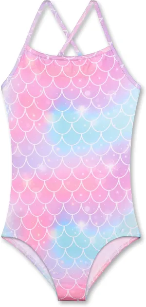 LUOUSE Girls Sparkle Swimsuits Quick Dry Crossback One Piece Beach Swimwear Bathing Suit with Adjustable Strap 4-9 Years