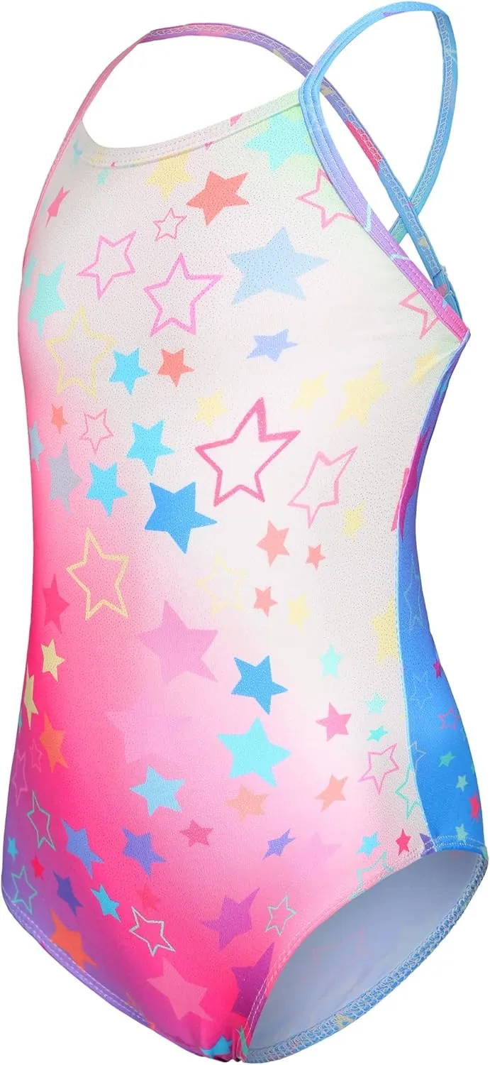 LUOUSE Girls Sparkle Swimsuits Quick Dry Crossback One Piece Beach Swimwear Bathing Suit with Adjustable Strap 4-9 Years