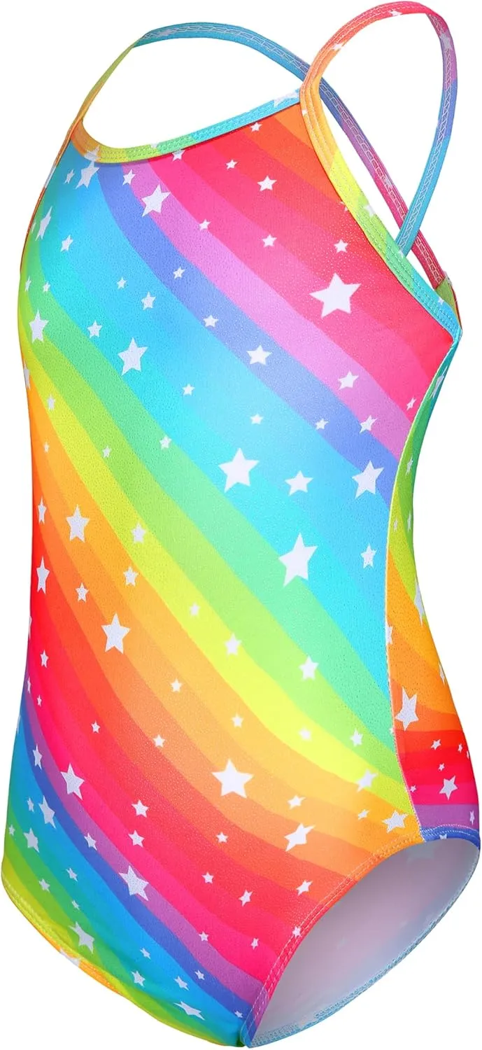 LUOUSE Girls Sparkle Swimsuits Quick Dry Crossback One Piece Beach Swimwear Bathing Suit with Adjustable Strap 4-9 Years