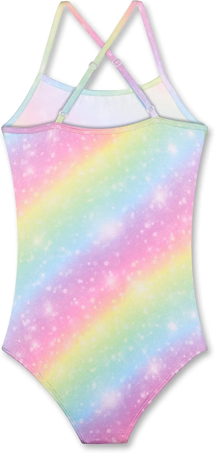 LUOUSE Girls Sparkle Swimsuits Quick Dry Crossback One Piece Beach Swimwear Bathing Suit with Adjustable Strap 4-9 Years