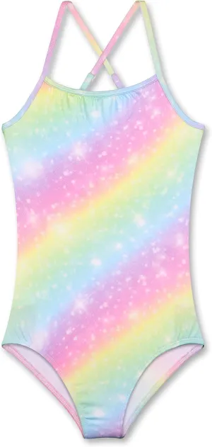 LUOUSE Girls Sparkle Swimsuits Quick Dry Crossback One Piece Beach Swimwear Bathing Suit with Adjustable Strap 4-9 Years
