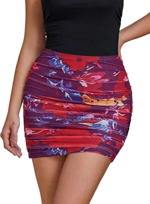 luvamia Mini Skirts for Women Mesh Trendy Printed High Waisted Bodycon Elastic Waist Ruched Stretchy Party Short Skirt