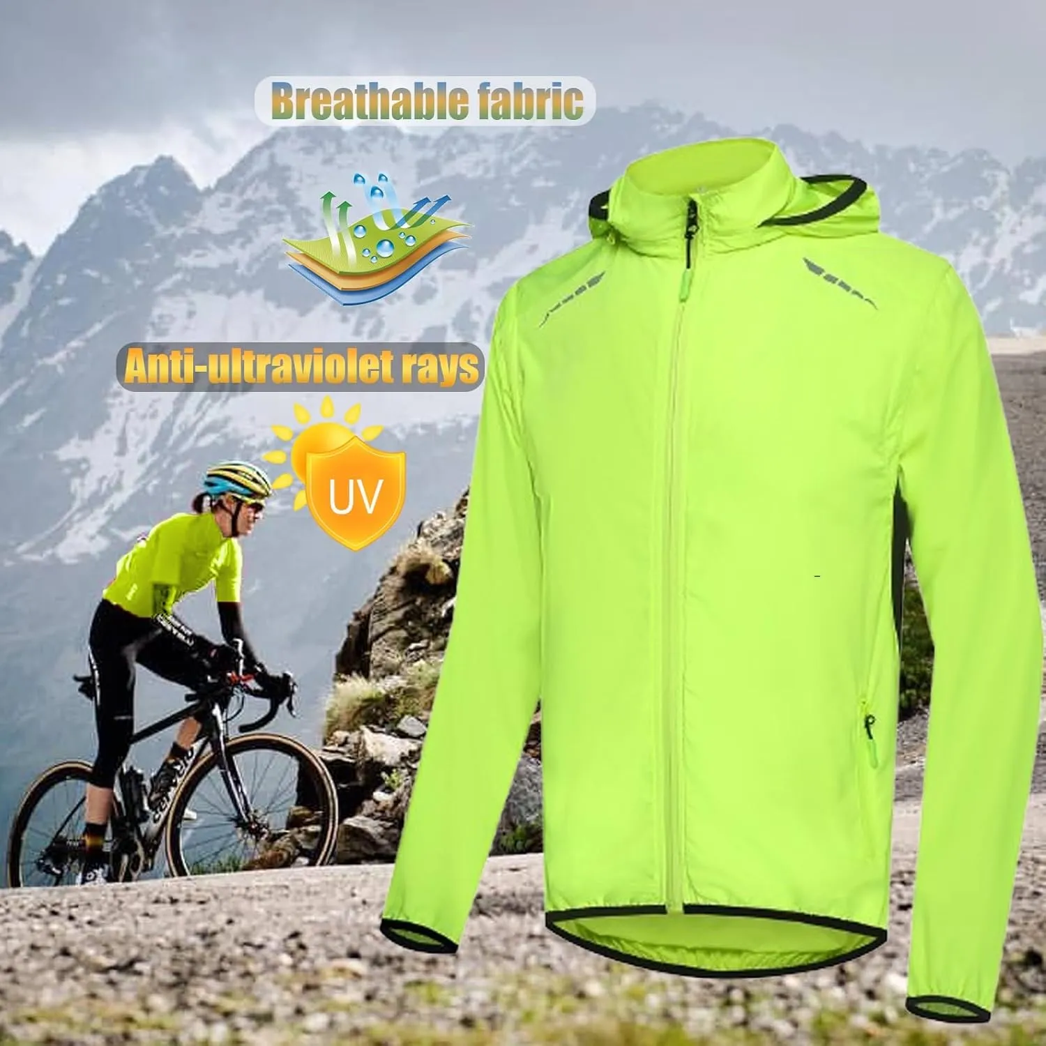 Men Breathable Running Jacket，Full-Length Zipper Lightweight ReflectiveWindbreaker Hoodie