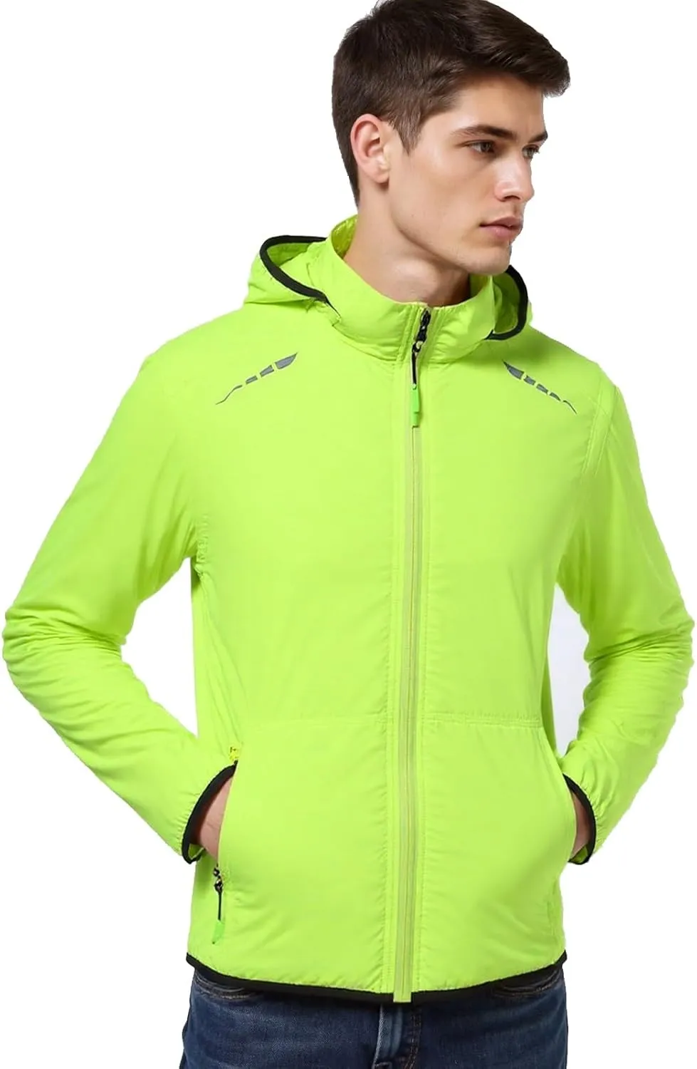 Men Breathable Running Jacket，Full-Length Zipper Lightweight ReflectiveWindbreaker Hoodie