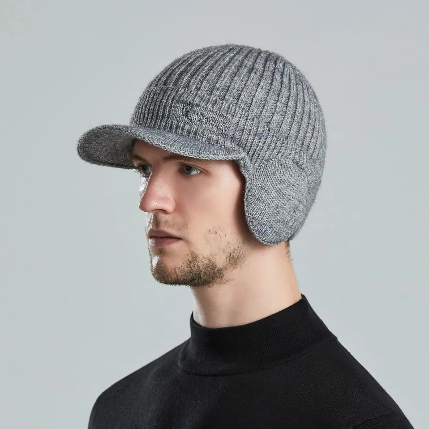 Men Earmuffs Ski Cycling Hat Warm Chunky Cable Knitted Hats Autumn and Winter Windproof Thickened Hat