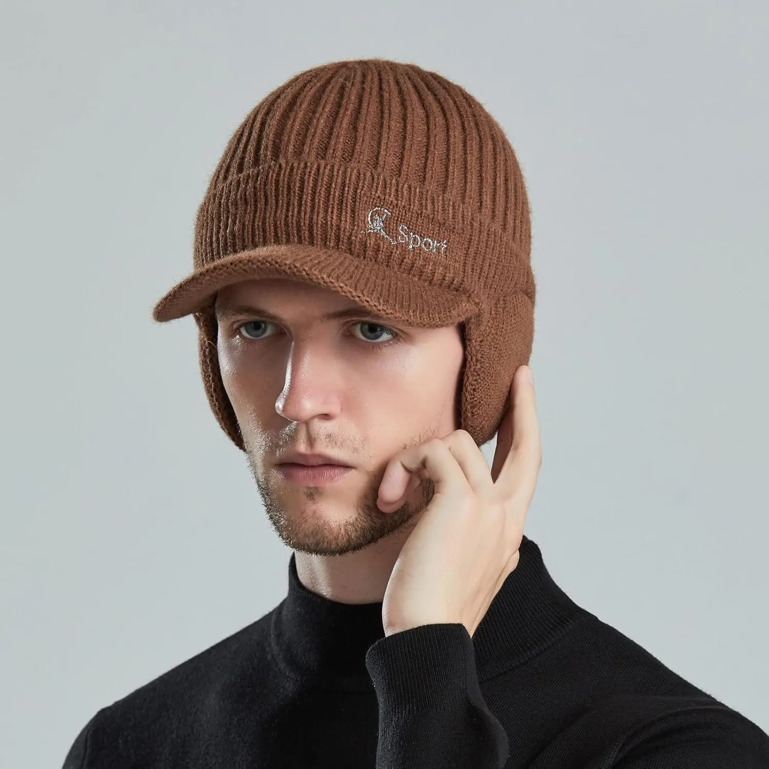 Men Earmuffs Ski Cycling Hat Warm Chunky Cable Knitted Hats Autumn and Winter Windproof Thickened Hat