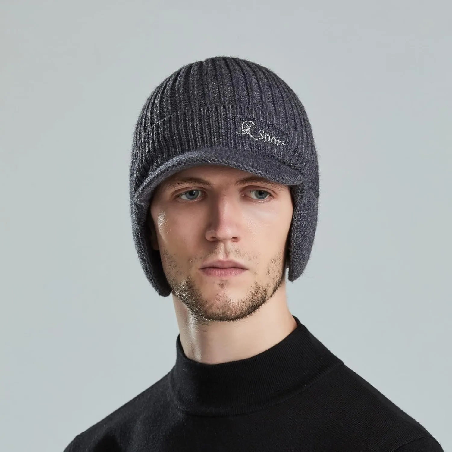 Men Earmuffs Ski Cycling Hat Warm Chunky Cable Knitted Hats Autumn and Winter Windproof Thickened Hat