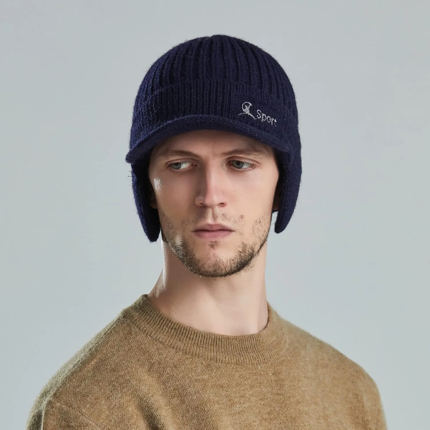 Men Earmuffs Ski Cycling Hat Warm Chunky Cable Knitted Hats Autumn and Winter Windproof Thickened Hat