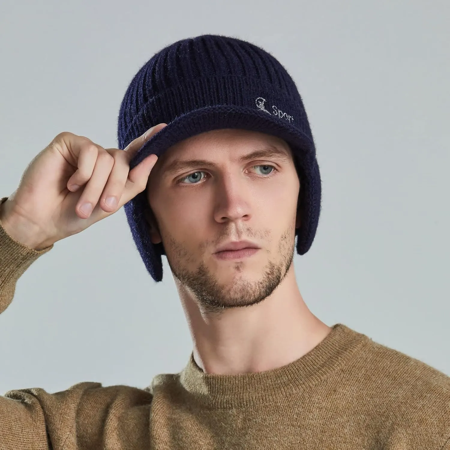 Men Earmuffs Ski Cycling Hat Warm Chunky Cable Knitted Hats Autumn and Winter Windproof Thickened Hat