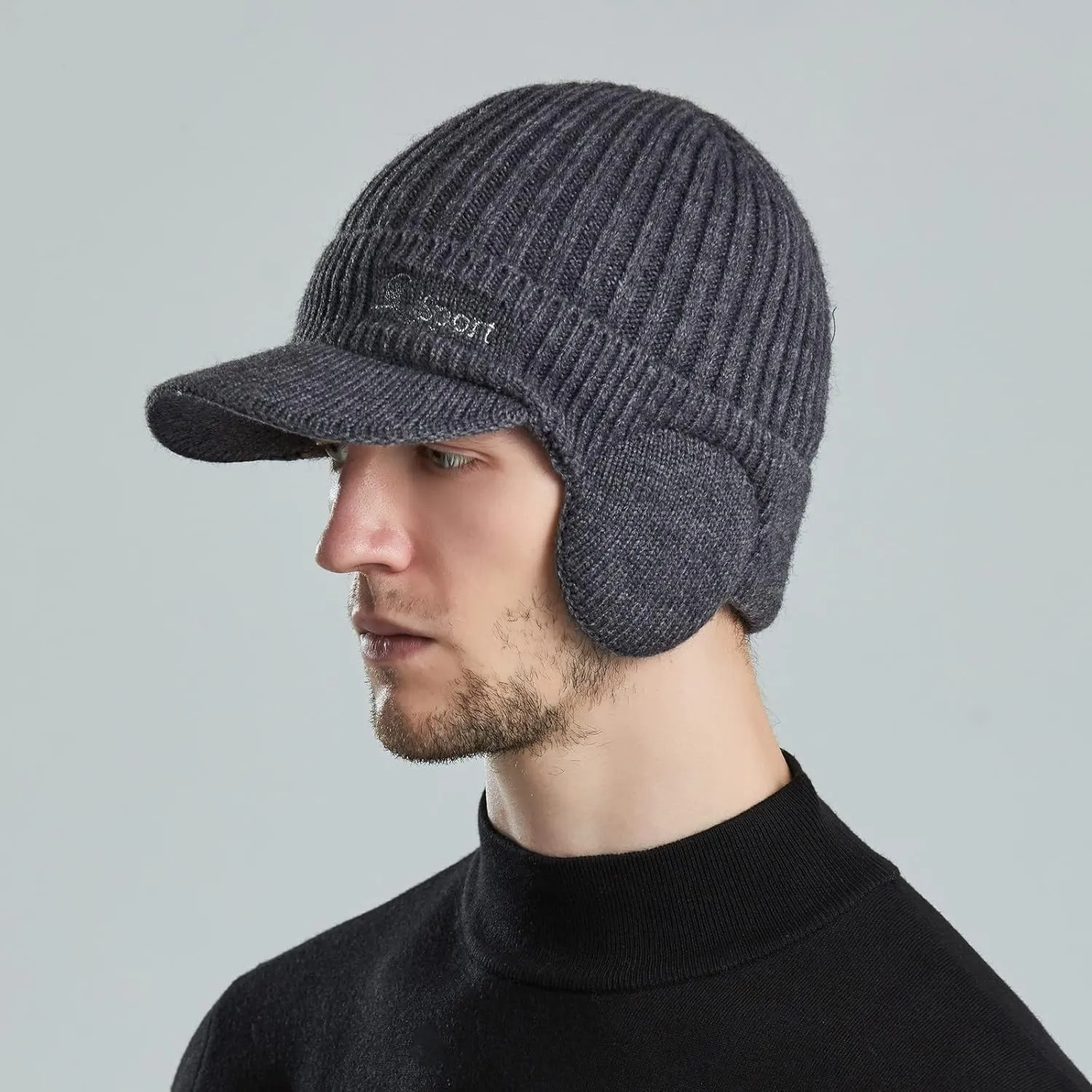 Men Earmuffs Ski Cycling Hat Warm Chunky Cable Knitted Hats Autumn and Winter Windproof Thickened Hat