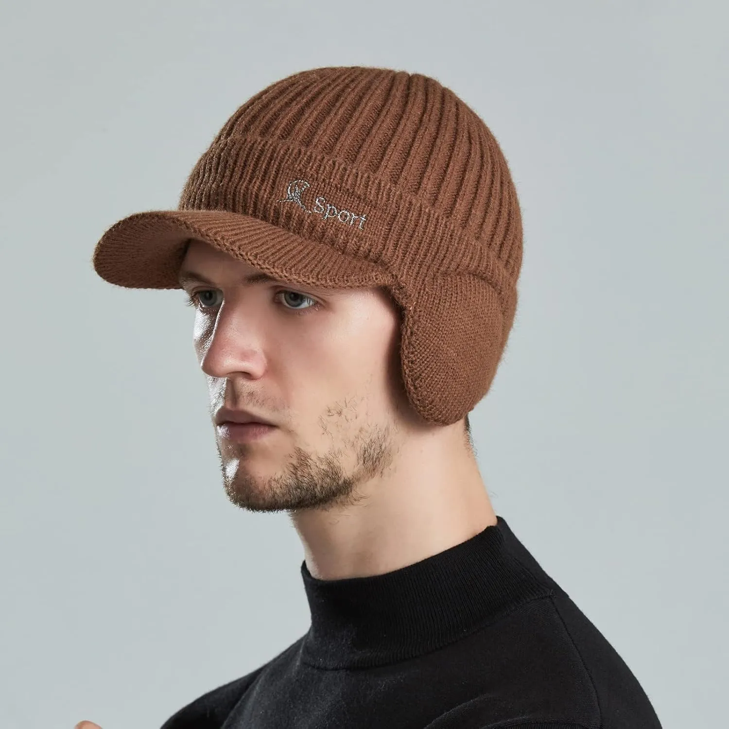 Men Earmuffs Ski Cycling Hat Warm Chunky Cable Knitted Hats Autumn and Winter Windproof Thickened Hat