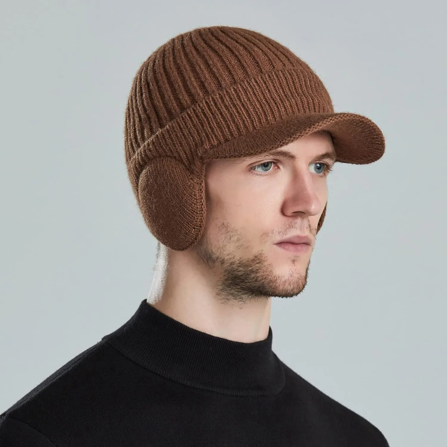 Men Earmuffs Ski Cycling Hat Warm Chunky Cable Knitted Hats Autumn and Winter Windproof Thickened Hat
