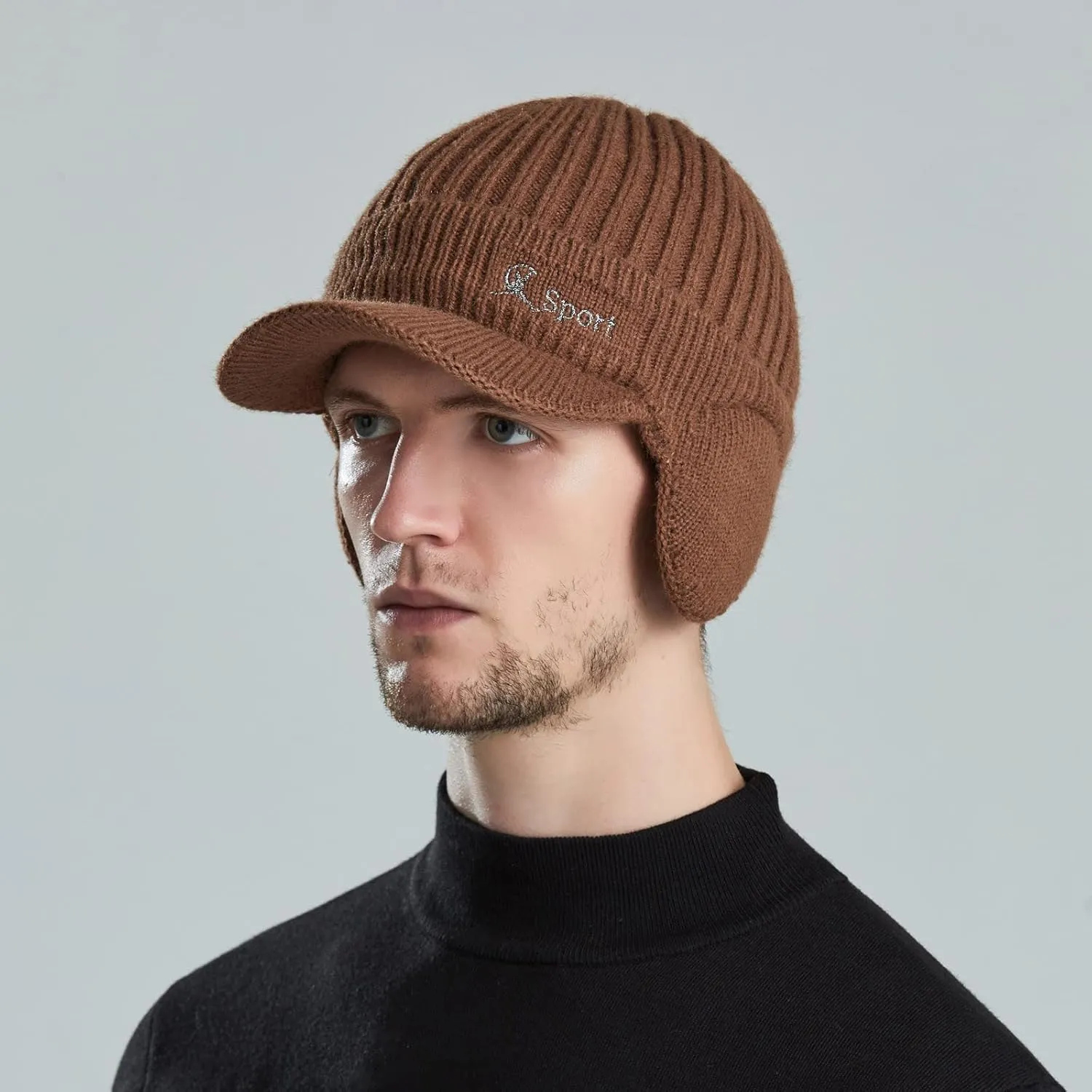 Men Earmuffs Ski Cycling Hat Warm Chunky Cable Knitted Hats Autumn and Winter Windproof Thickened Hat